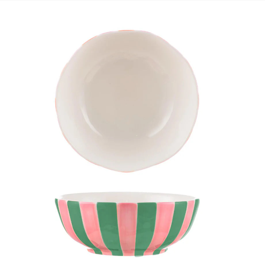 Medium Bowl - Pink & Green Stripe with White inside