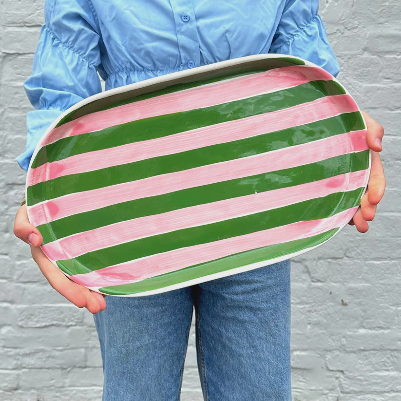Oval Platter - Pink & Green Stripes