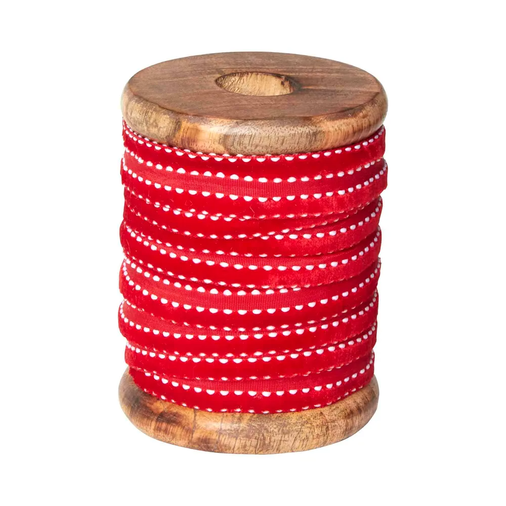 Red Velvet Ribbon with White Edge Stitch 10m