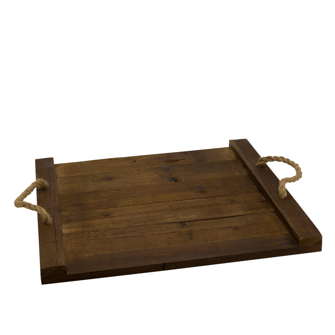 Wide rustic wooden tray with rope handles