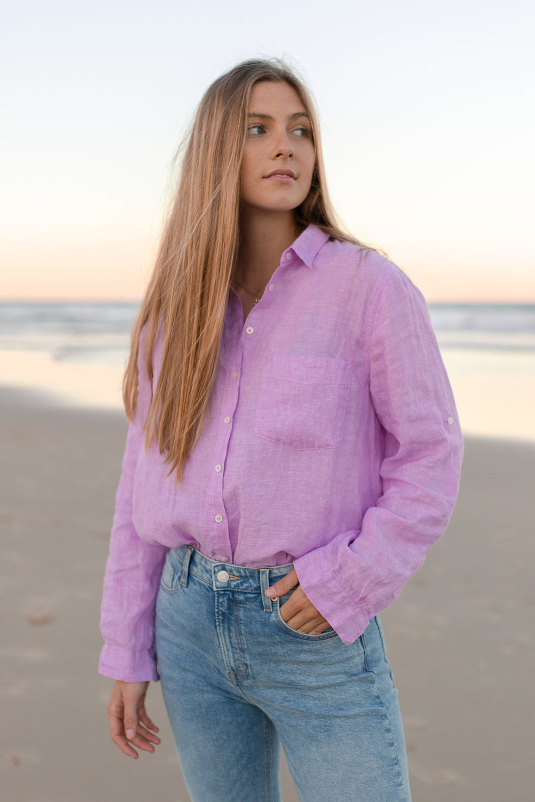 Lilac Chambray Boyfriend Linen Shirt - L