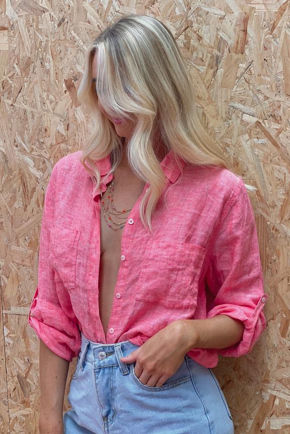 Raspberry Chambray Boyfriend Linen Shirt
