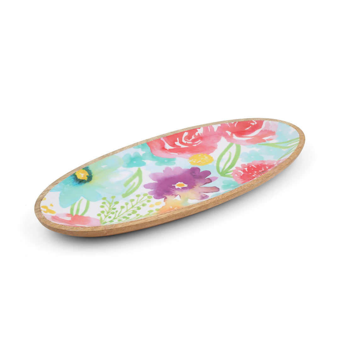 Oval Peony Blush Enamel and Mango Wood Tray