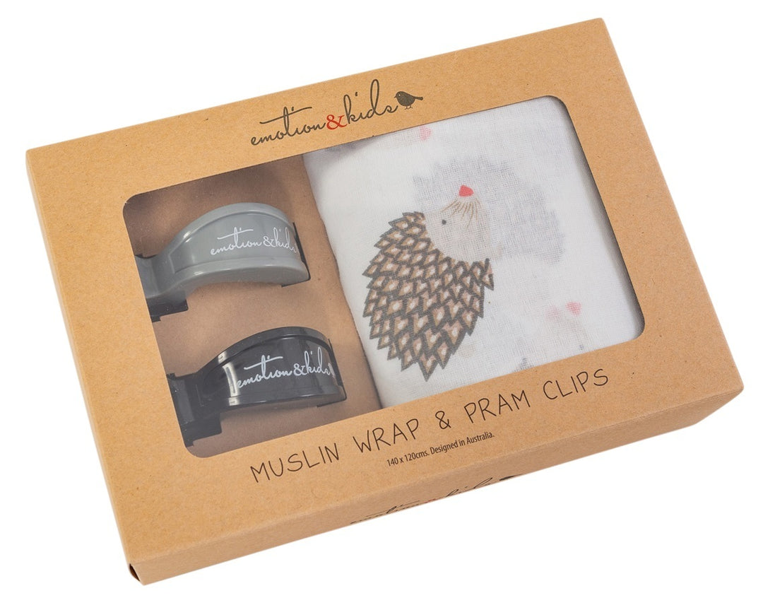 Hedgehog Muslin & Black/Grey Pram Clips Pack