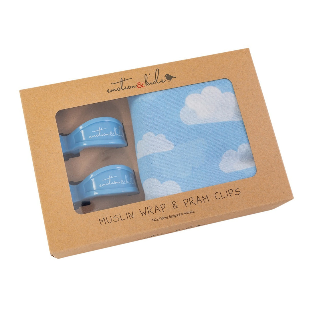 Blue Clouds Muslin with Blue Pram Clips Pack