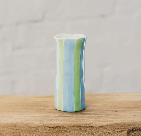 Small Ceramic Belly Vase - Green & Cornflower Blue Vertical Stripe