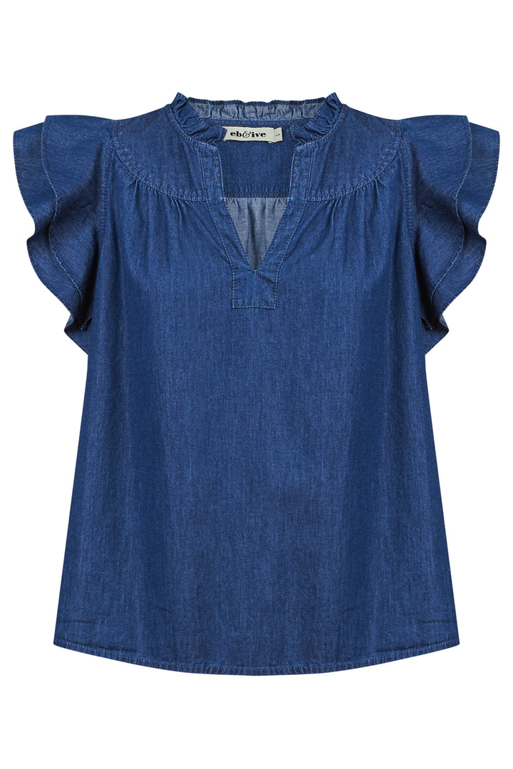 Melenia Denim Frill Top -Indigo