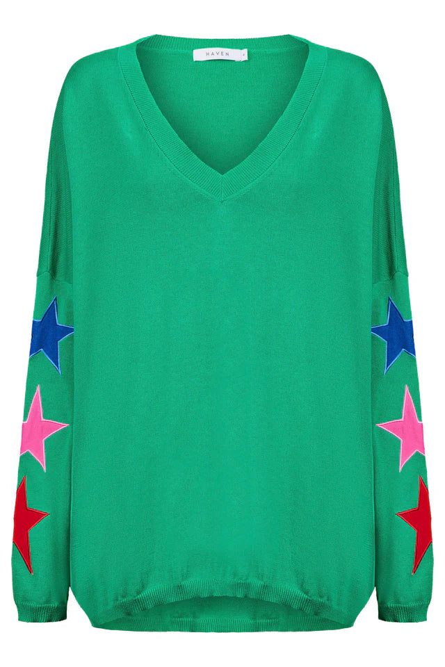 Vermont Star V Neck Jumper - Green - OSFA