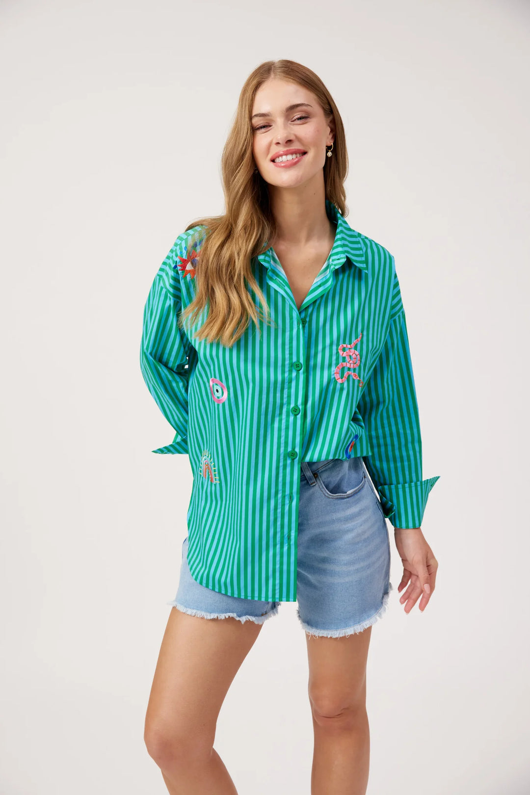 Mykonos Embroidered Stripe Shirt - Green