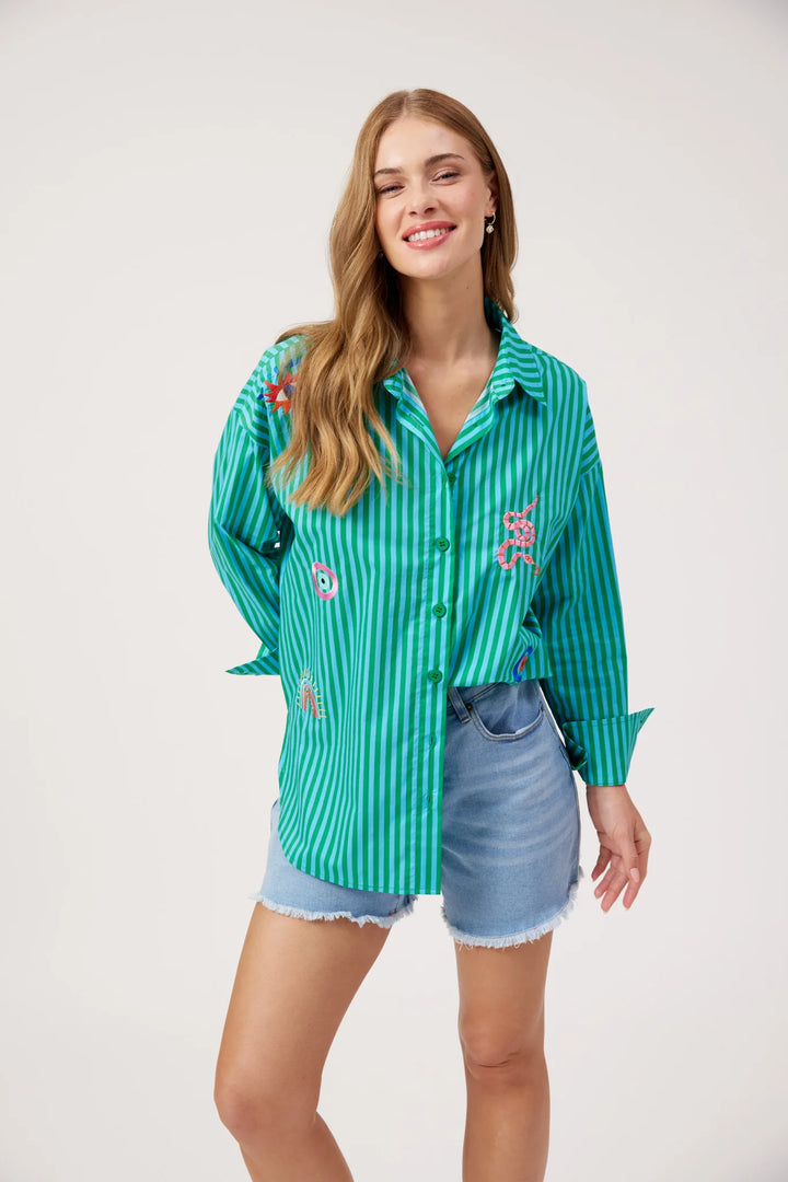 Mykonos Embroidered Stripe Shirt - Green