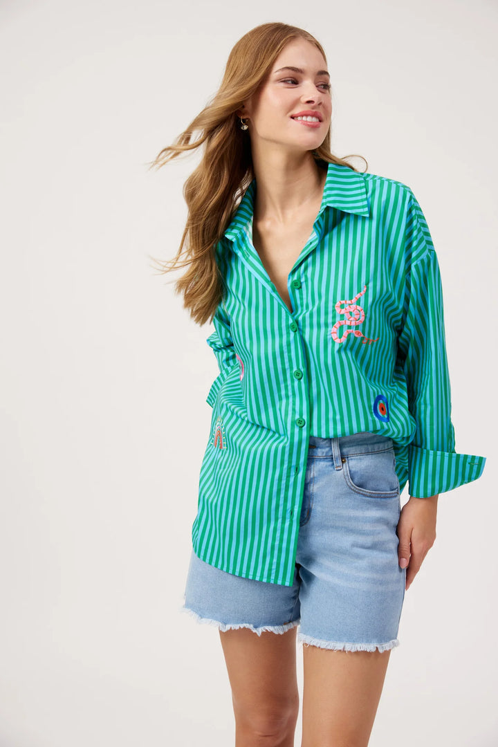Mykonos Embroidered Stripe Shirt - Green