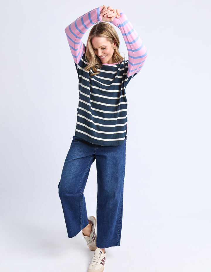 Elm Marta Stripe Long Sleeve Tee - Navy with Pink Sleeves