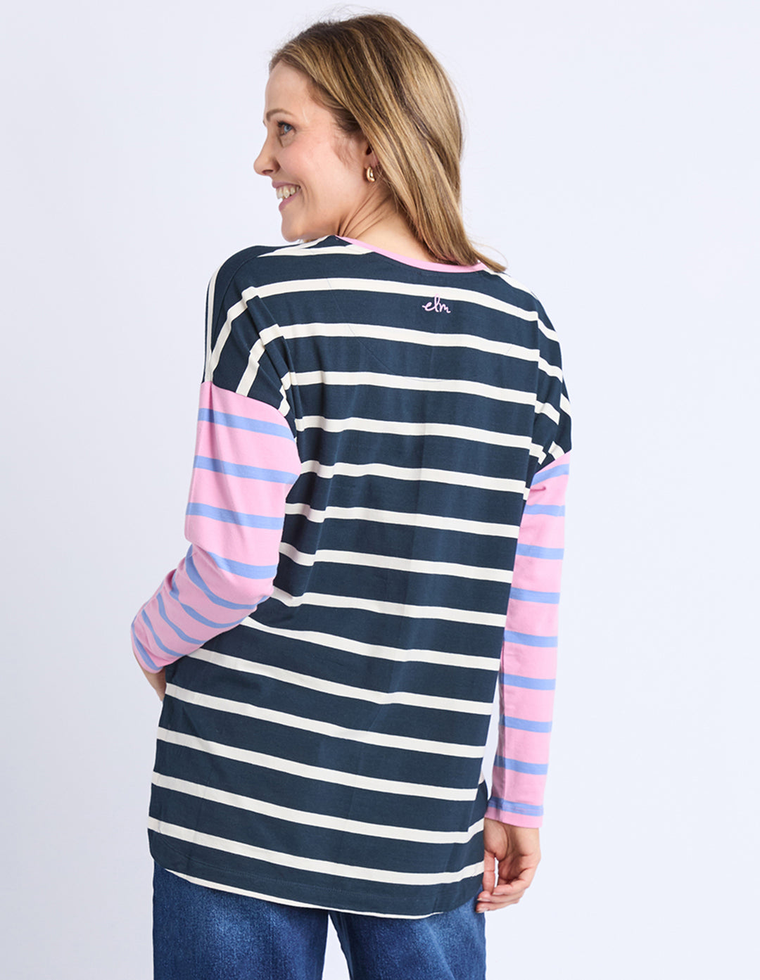 Elm Marta Stripe Long Sleeve Tee - Navy with Pink Sleeves