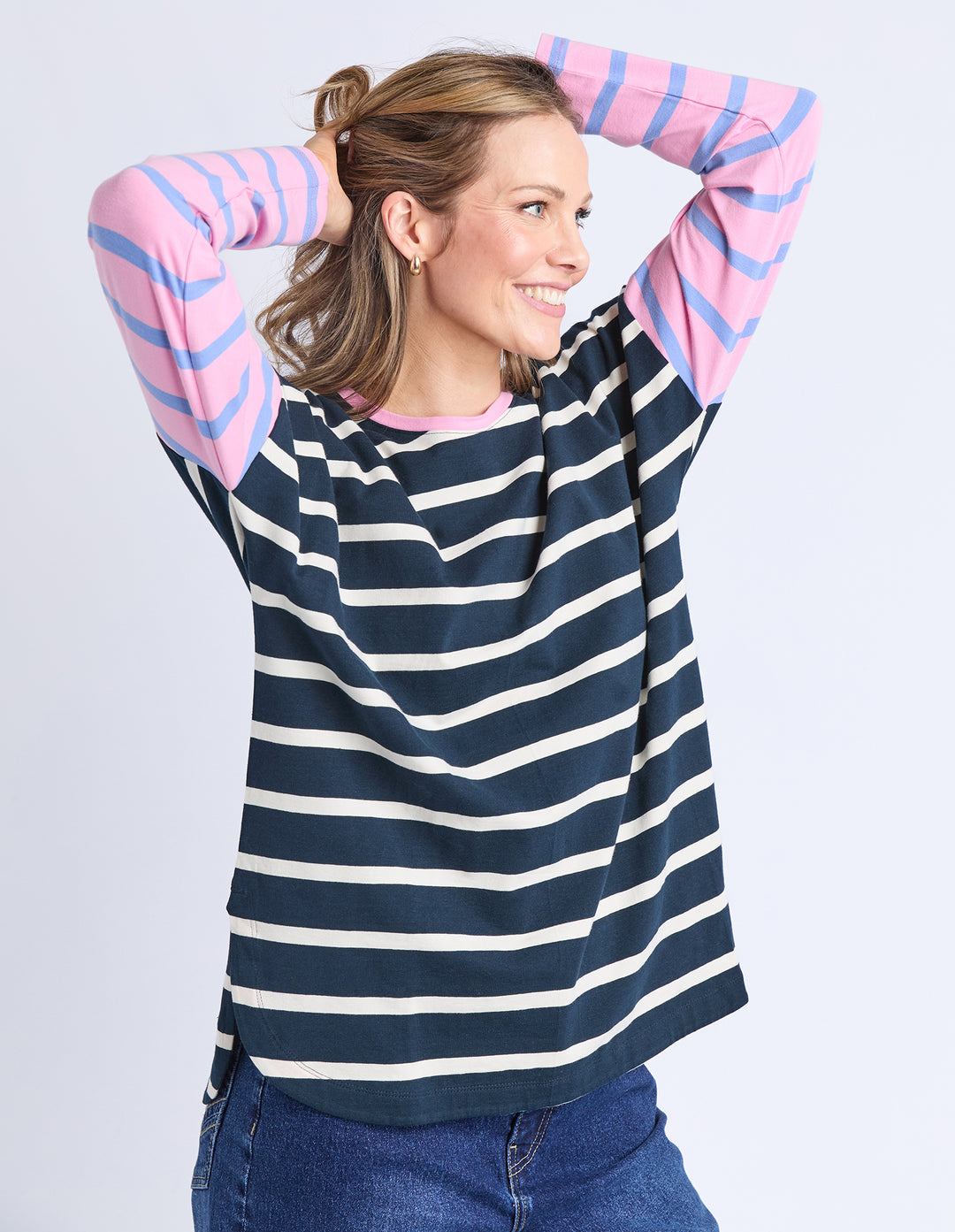 Elm Marta Stripe Long Sleeve Tee - Navy with Pink Sleeves