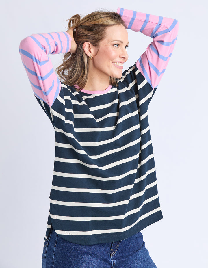 Elm Marta Stripe Long Sleeve Tee - Navy with Pink Sleeves