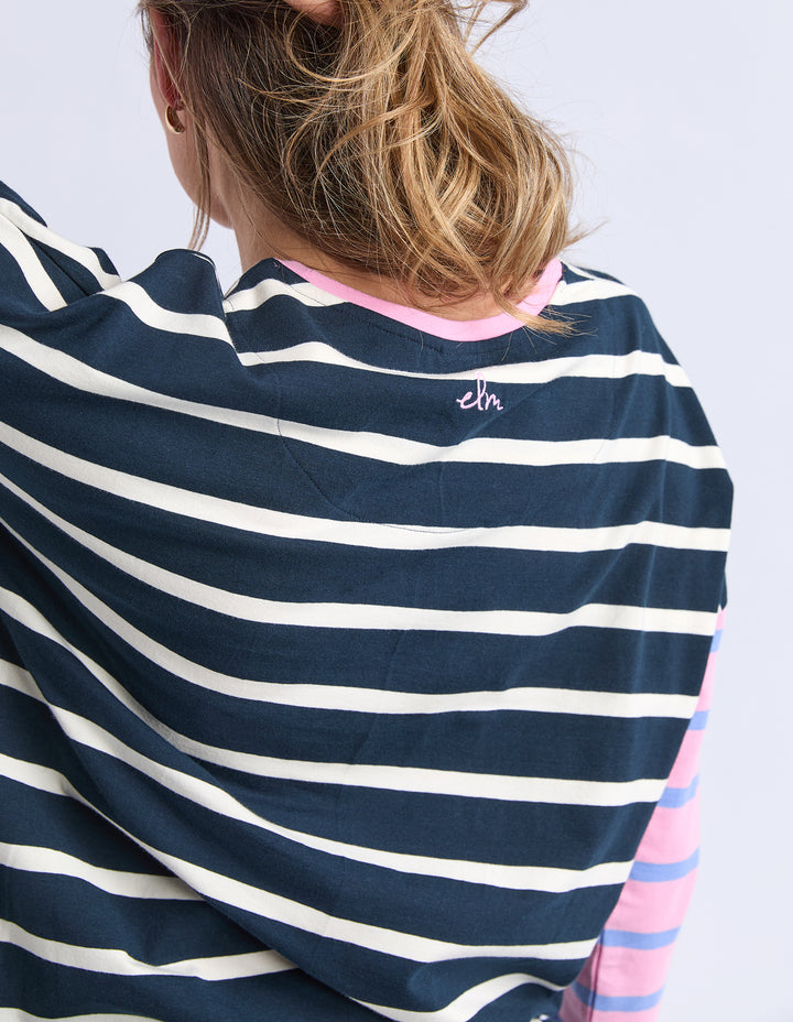 Elm Marta Stripe Long Sleeve Tee - Navy with Pink Sleeves