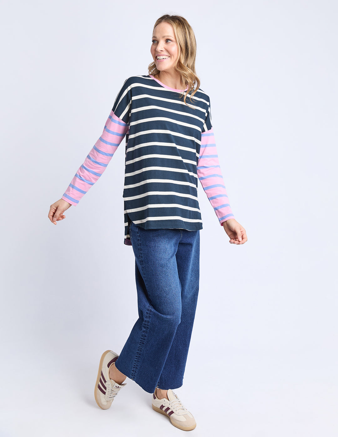 Elm Marta Stripe Long Sleeve Tee - Navy with Pink Sleeves