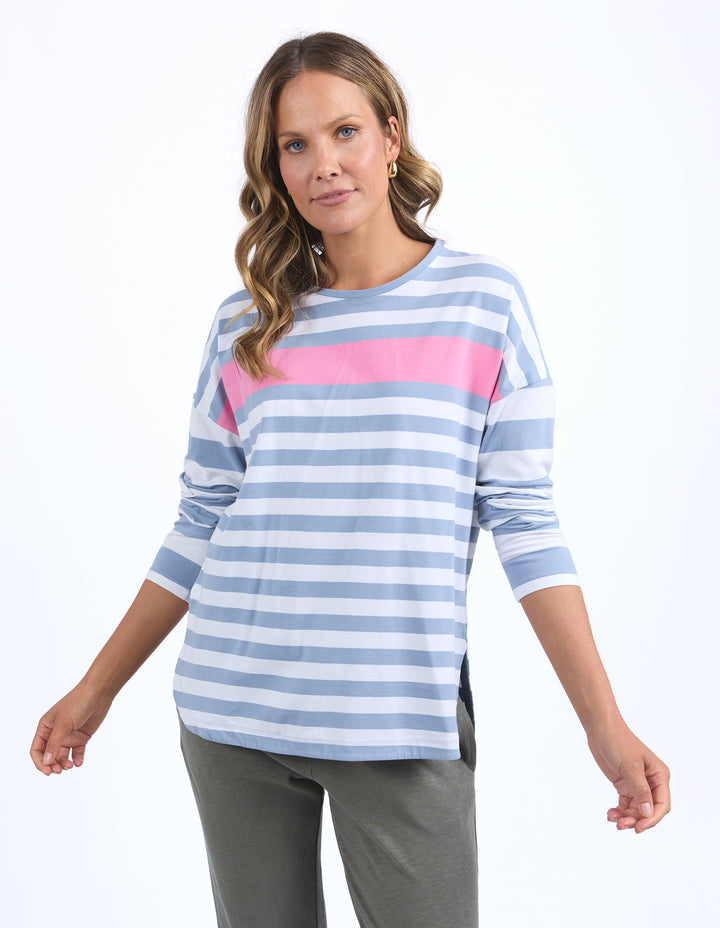 Elm Queue L/S Tee - Steel Blue Stripe