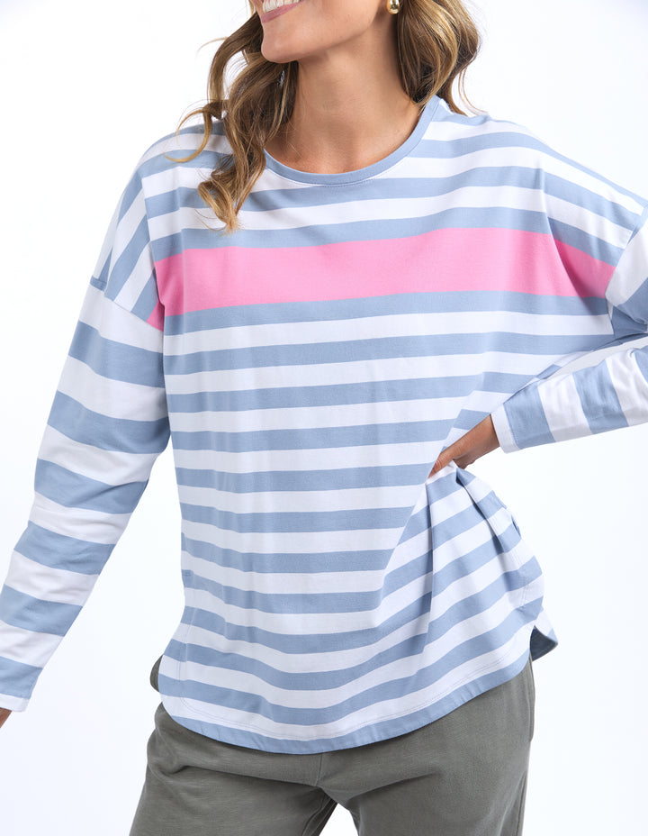 Elm Queue L/S Tee - Steel Blue Stripe