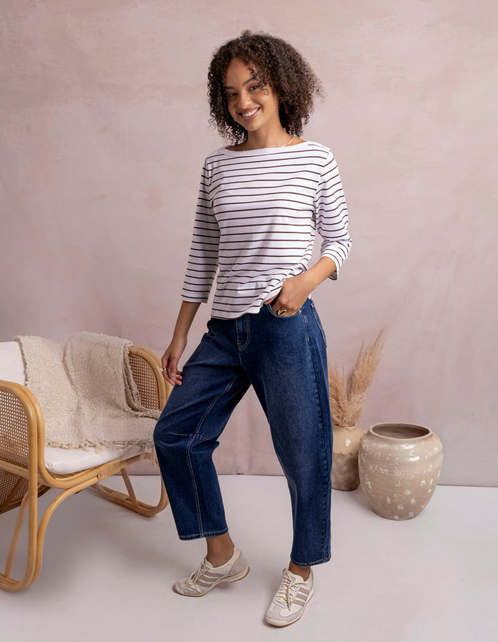 Elm Eliza Boat Neck 3/4 Sleeve Tee - White with Coffee Stripe