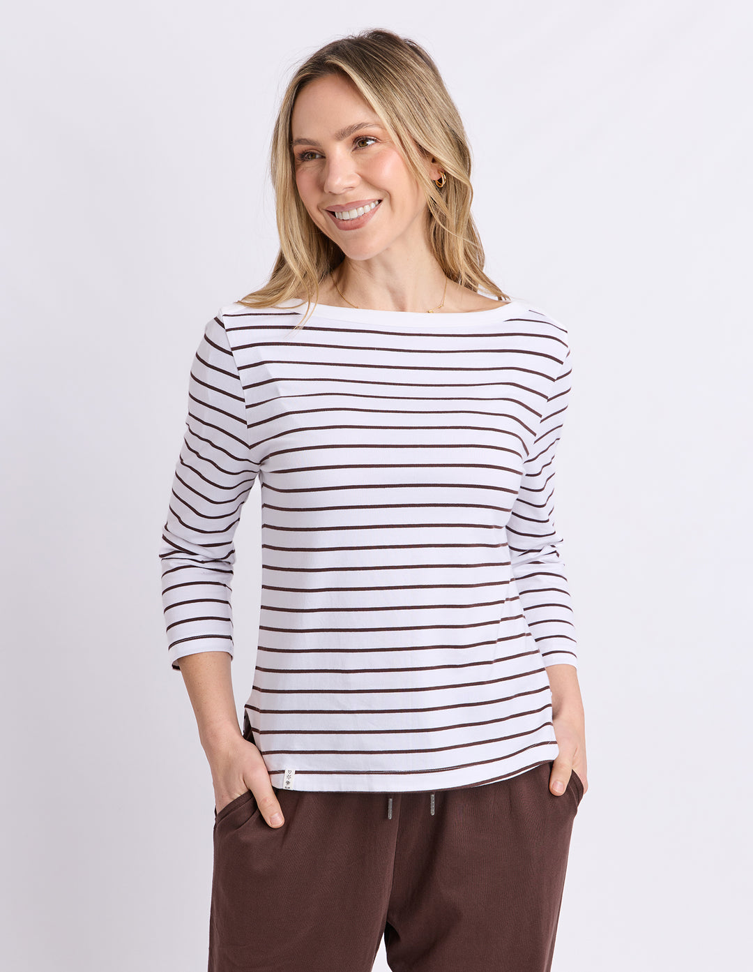 Elm Eliza Boat Neck 3/4 Sleeve Tee - White with Coffee Stripe