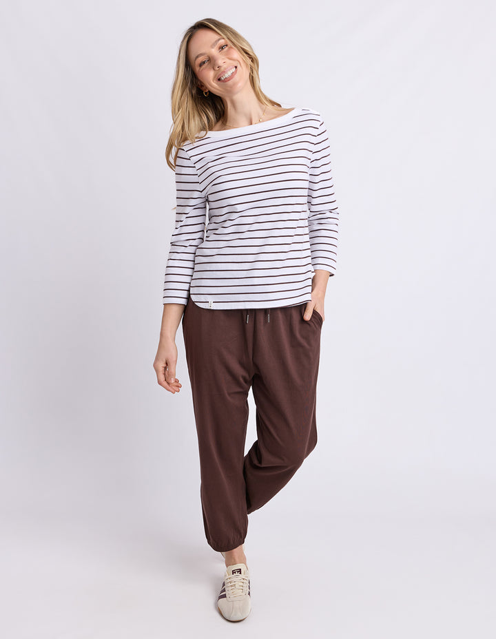 Elm Eliza Boat Neck 3/4 Sleeve Tee - White with Coffee Stripe