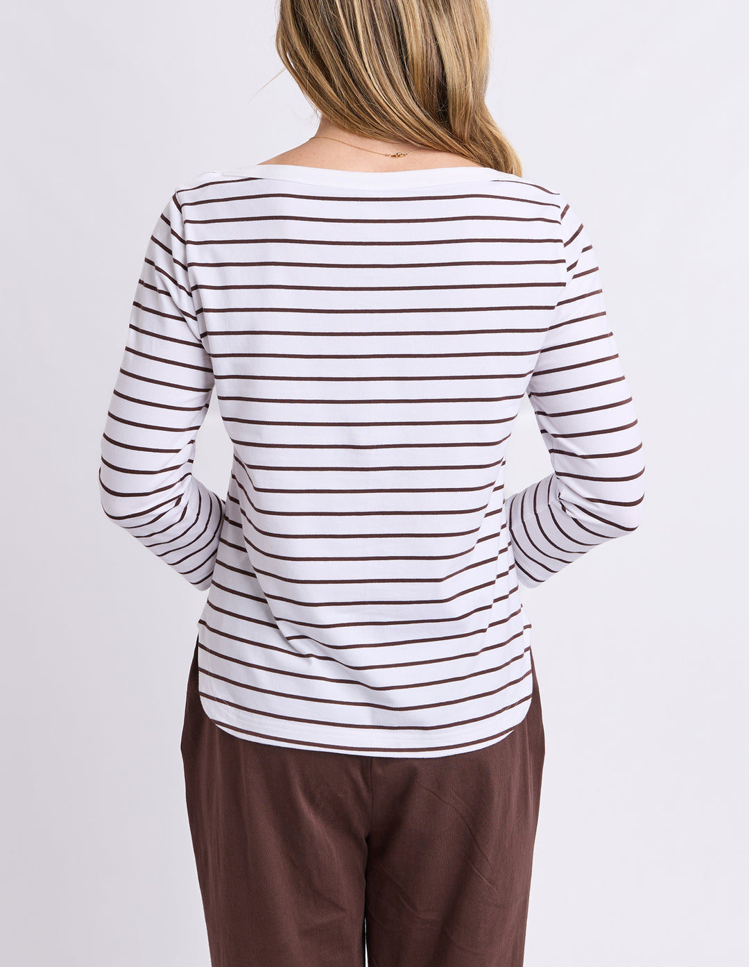 Elm Eliza Boat Neck 3/4 Sleeve Tee - White with Coffee Stripe