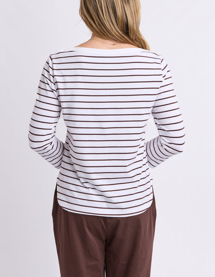 Elm Eliza Boat Neck 3/4 Sleeve Tee - White with Coffee Stripe