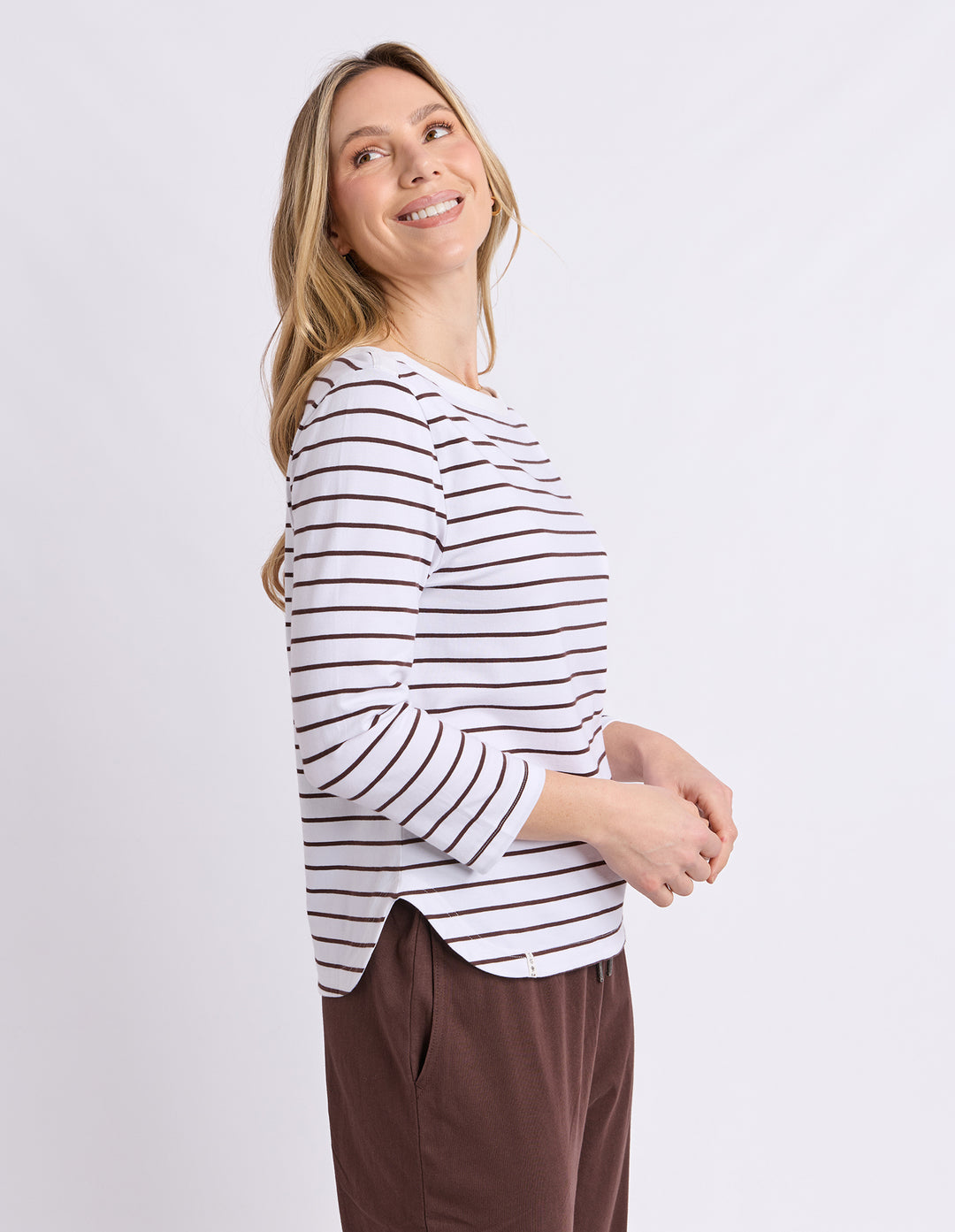 Elm Eliza Boat Neck 3/4 Sleeve Tee - White with Coffee Stripe