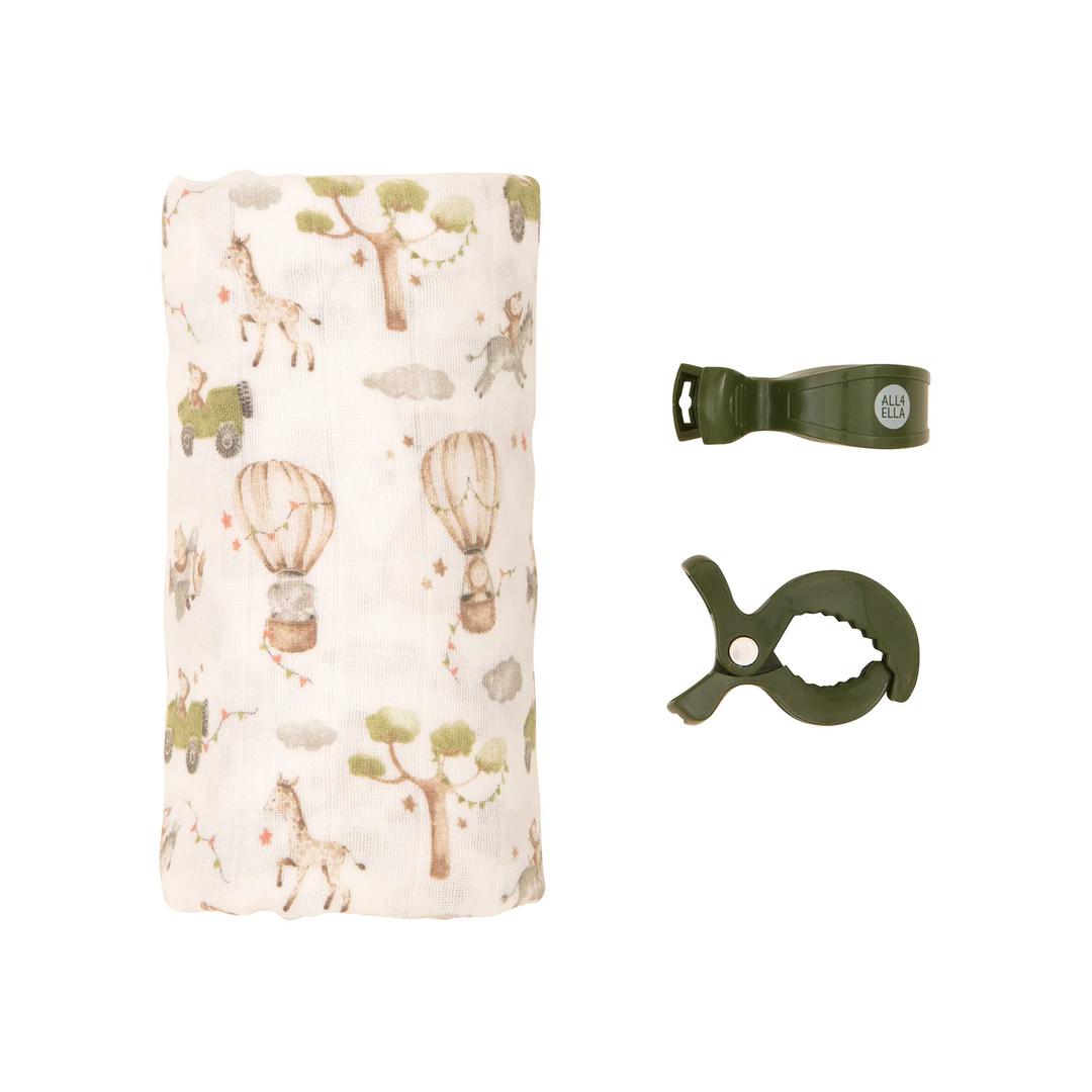 All4Ella Organic Muslin & 2 Pram Peg Box Set - Monkey Carnival