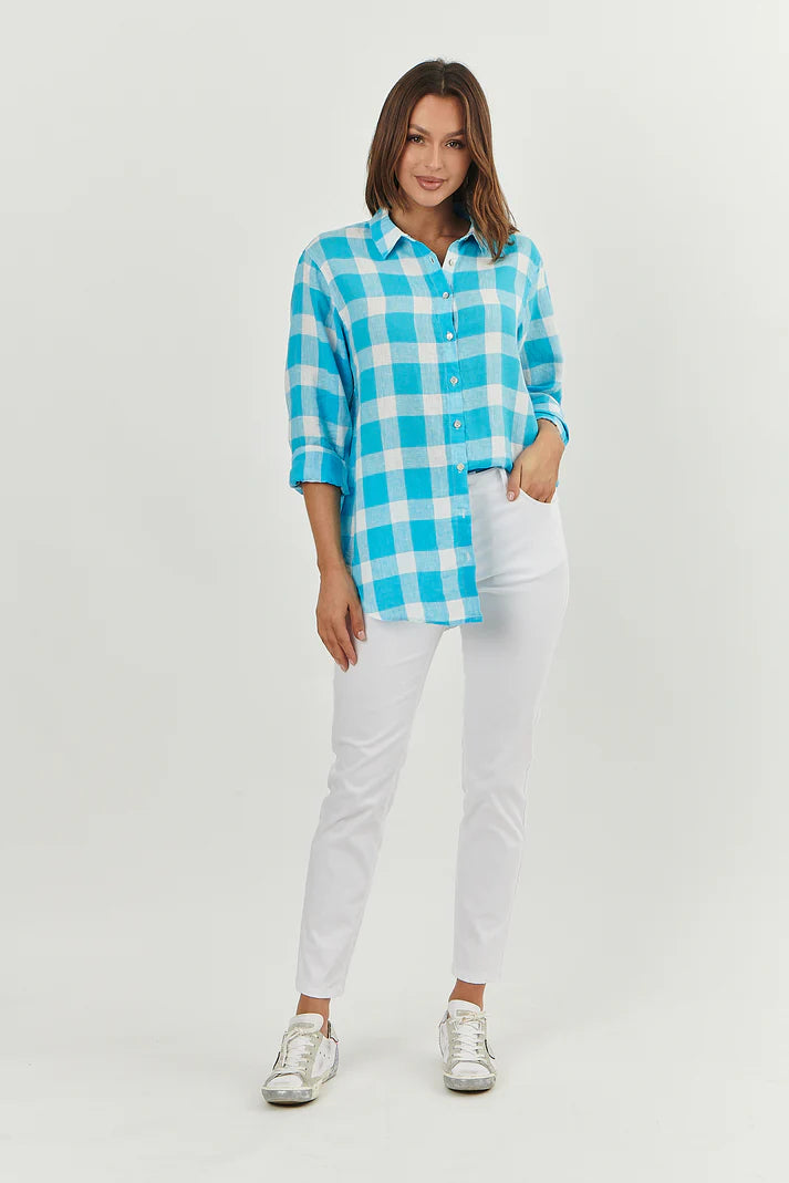 Madras Turquoise Boyfriend Shirt