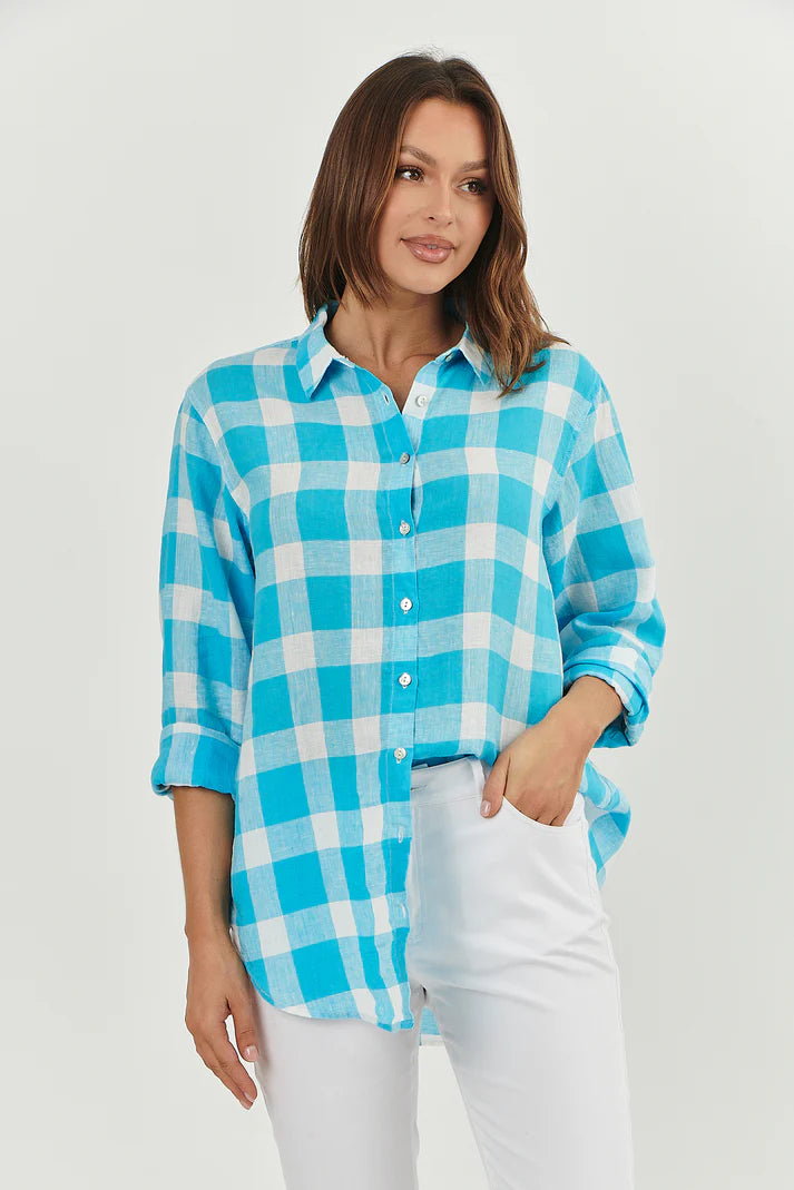 Madras Turquoise Boyfriend Shirt