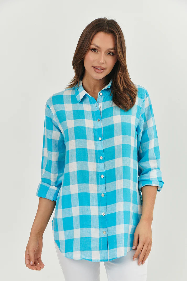 Madras Turquoise Boyfriend Shirt