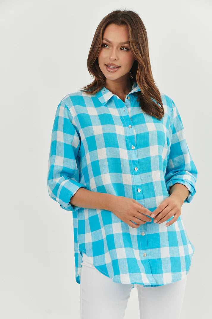 Madras Turquoise Boyfriend Shirt