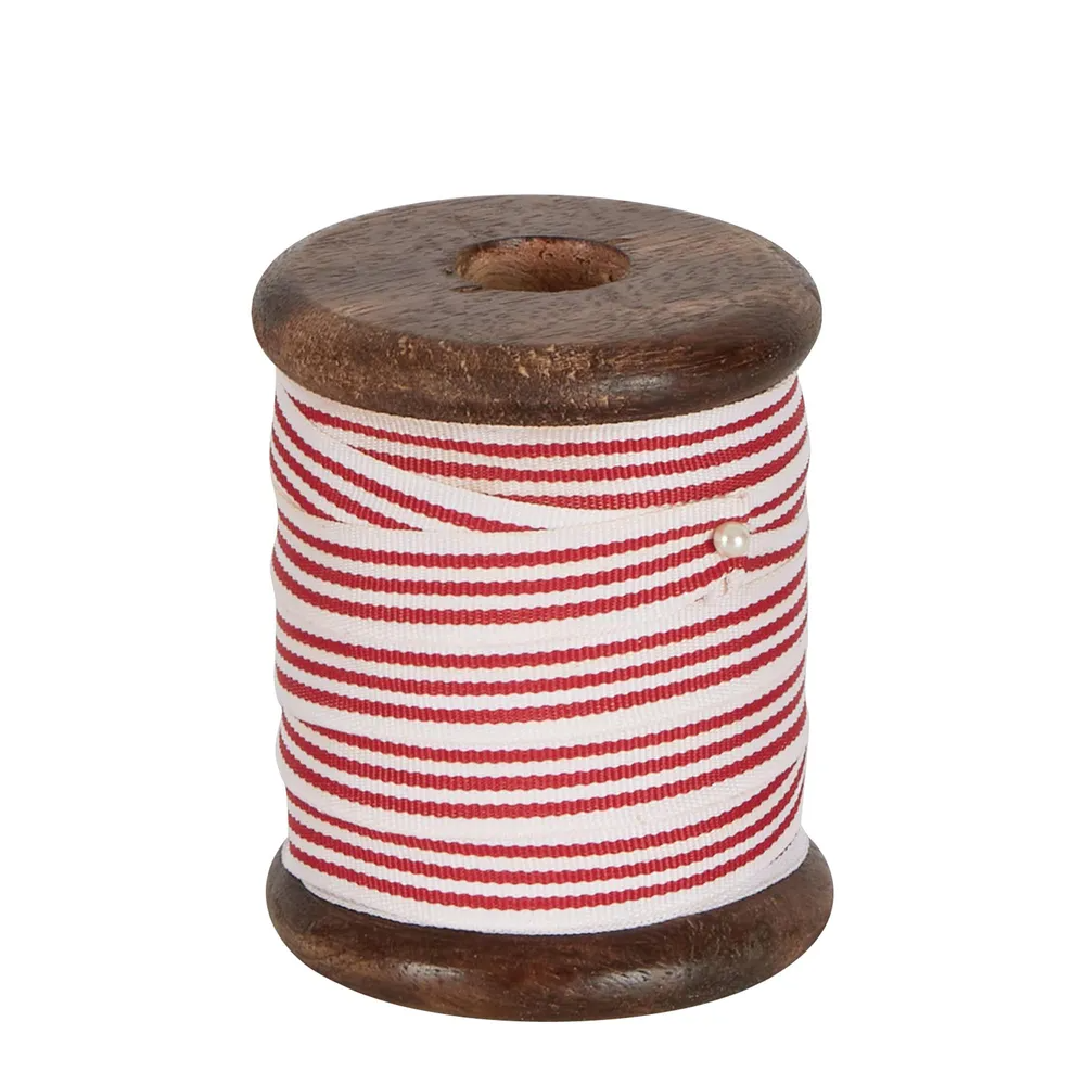 Red Stripe Grosgrain Ribbon On Wooden Spool - 10m