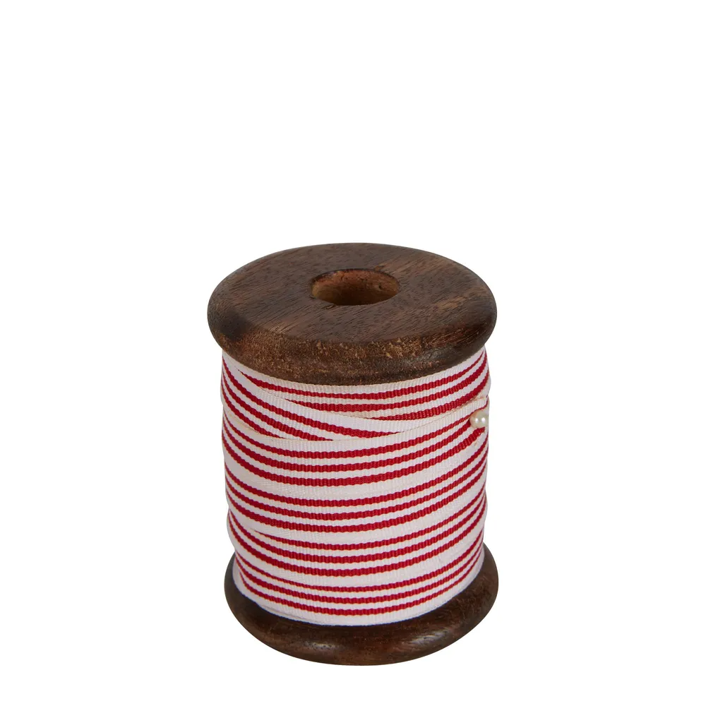 Red Stripe Grosgrain Ribbon On Wooden Spool - 10m