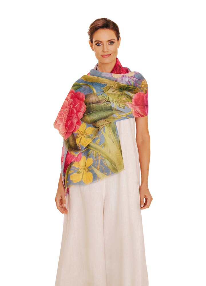 Floral Study Linen/Cotton Mix Scarf - Denim
