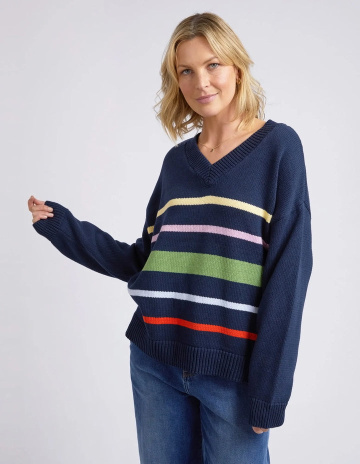 Elm Harper Vee Neck - Dark Sapphire Stripe