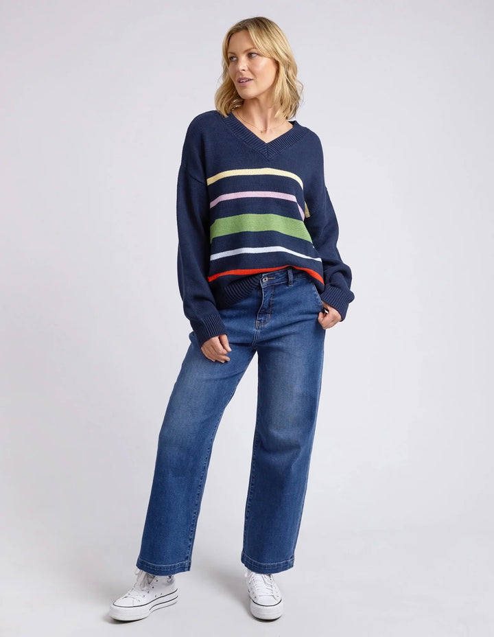 Elm Harper Vee Neck - Dark Sapphire Stripe
