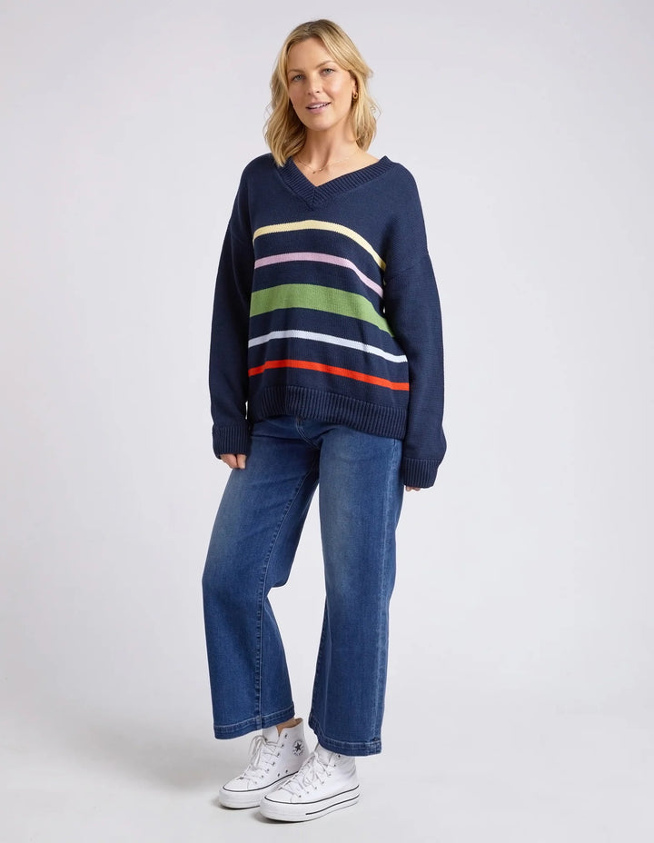 Elm Harper Vee Neck - Dark Sapphire Stripe