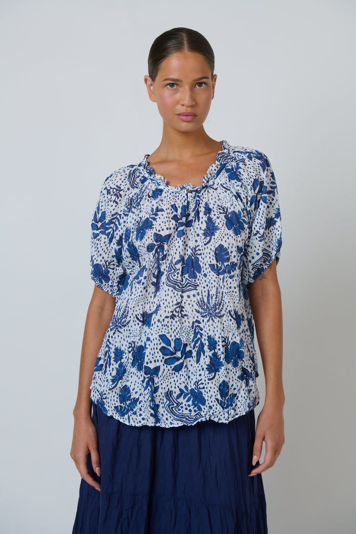Maya Crinkle Cotton Top - Tropic Blue