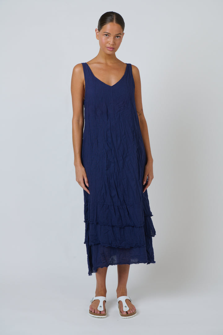 Gemma Crinkle Cotton Layer Dress - Indigo