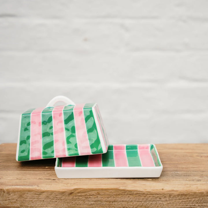 Large Butter Dish - Pink & Green Stripe