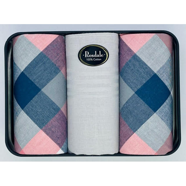 Mens 3 in a Tin Handkerchiefs - Navy & Pink Check