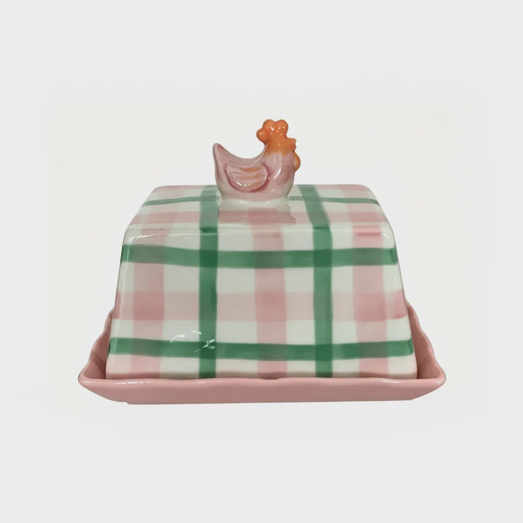 Large Butter Dish - Pink and Green Gingham with Chicken Handle