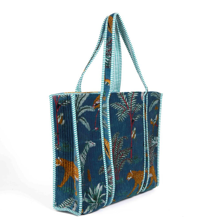 PARISIAN COOL Teal Blue Panther Velvet Tote