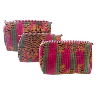 Parisian Cool Panther Velvet Pouches - Pink Green Stripes