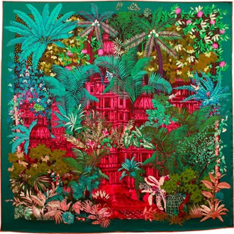 Silk Scarf Forgotten Temple Green - 50X50 cm