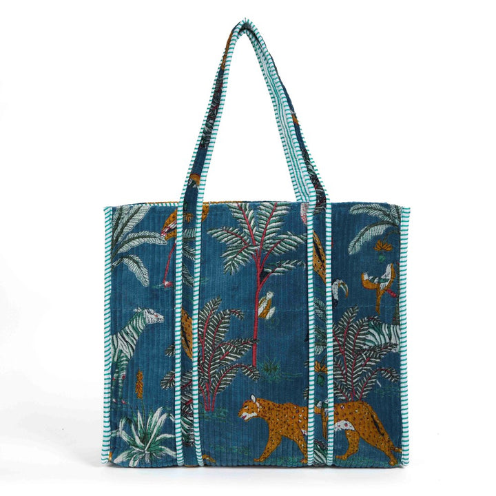 PARISIAN COOL Teal Blue Panther Velvet Tote