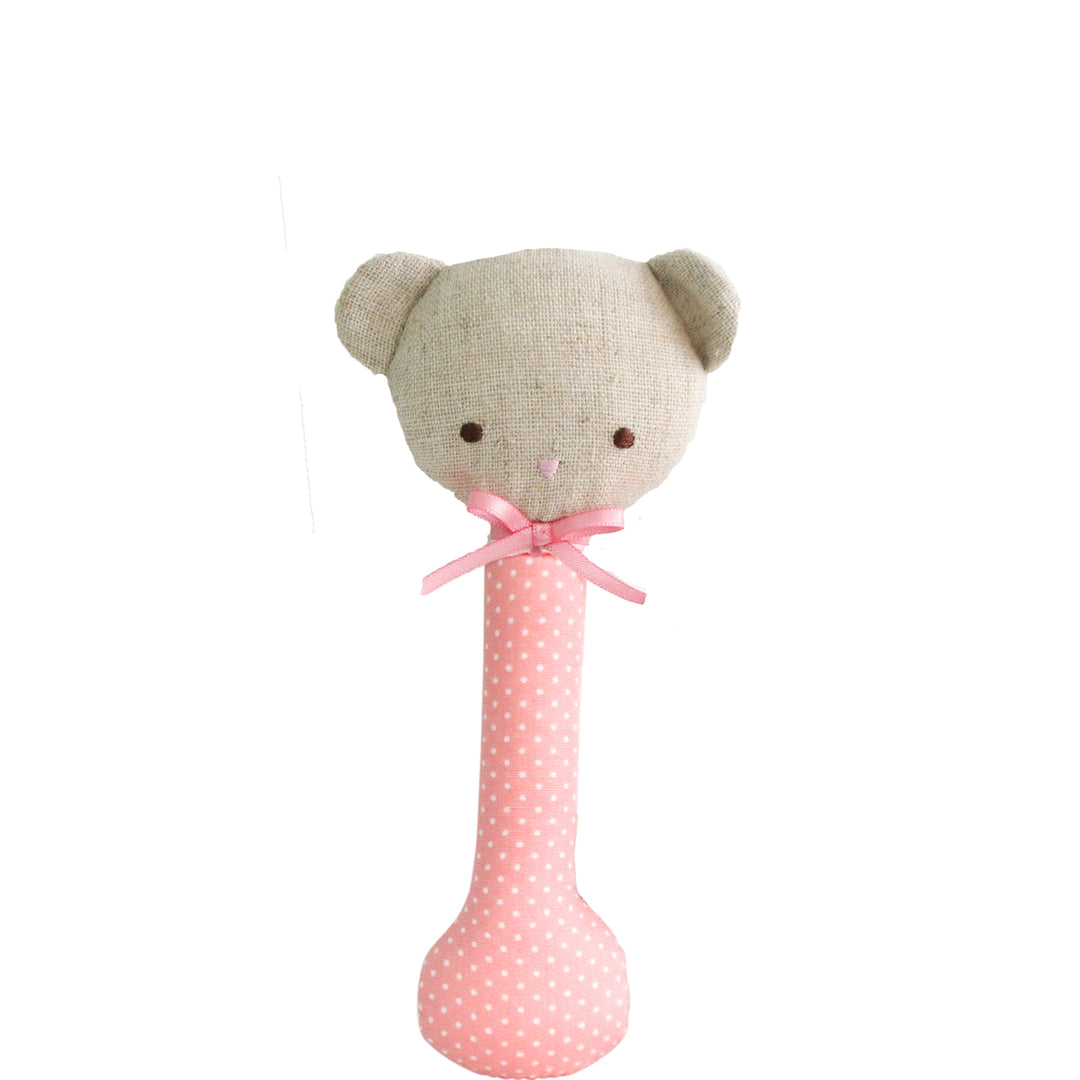 Baby Bear Stick Rattle - Pink with White Spot